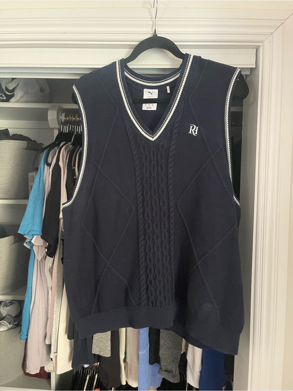 Puma Navy Blue Cable Knit Sleeveless Sweater Vest with White Trim